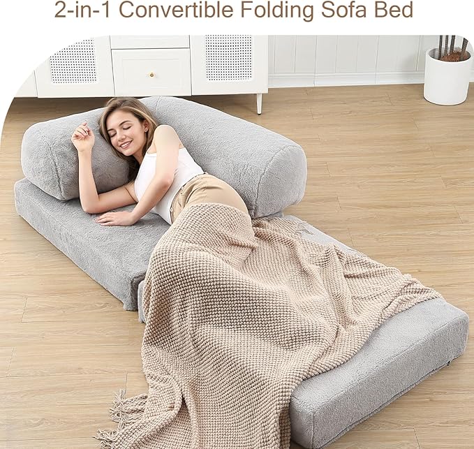 COMAX Folding Sofa Bed Single, Fold Out Chair Bed, Foldable Sofa Chair, Convertible Sleeper Futon for Adults, Floor Couch Mattress for Small Spaces Bedroom Living Room Guest Room, Faux Fur Grey