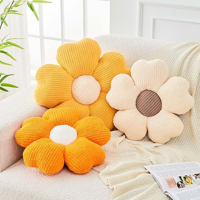 Kcvvcr Flower Throw Pillow, Cute Flower Shaped Pillow Decorative Throw Pillow for Bed Couch, Soft Daisy Pillows Floor Seating Cushion Cushions (14.9 Inch Yellow)
