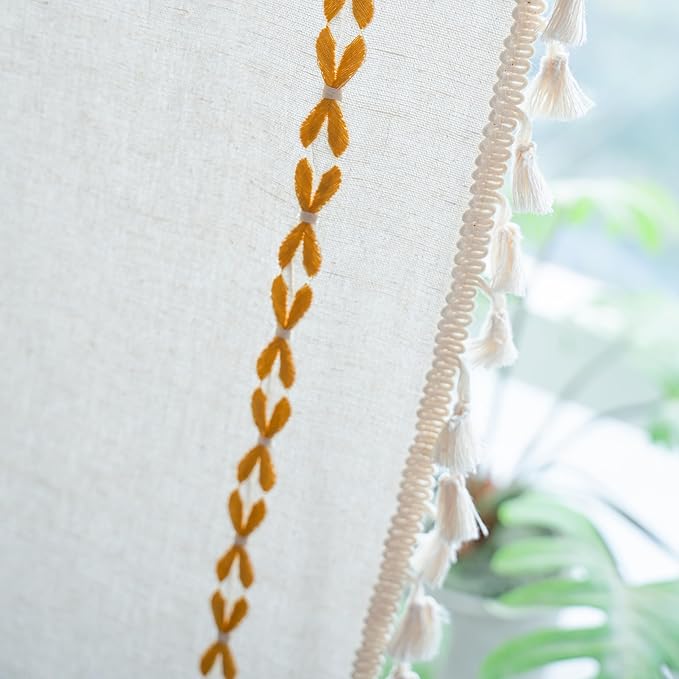 Sutuo Home Boho Curtains for Bedroom Living Room 108 inches Long,Semi Blackout Farmhouse Tassels Vintage Bohemian Embroidery Drape, Rod Pocket 1 Panel 52" W x 108" L, White and Gold