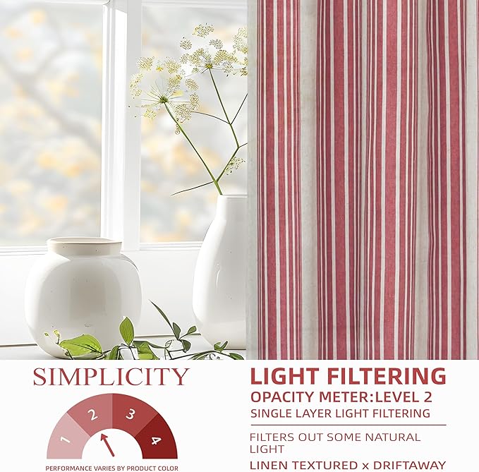 DriftAway Farmhouse Vertical Striped Linen Blend Textured Light Filtering Semi Sheer Curtains for Living Room Bedroom 108 Inches Long Drapes 2 Panels Broad Striped Linen Red