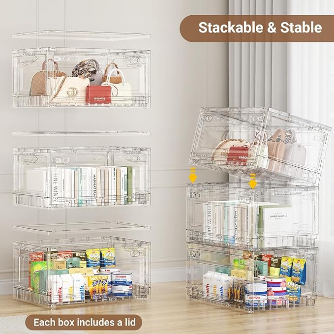 BROVIEW 320Qt Stackable Storage Bins with Lids Wheels, XL Clear Plastic Drawers Foldable Closet Organizers and Storage Cabinet Display Box Shelves with Front & Back Doors, for Home Office Garage,4Pack