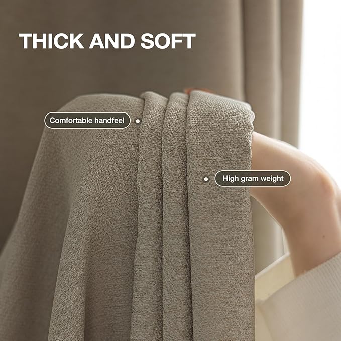 100% Blackout Curtains Thick Soft Curtain 2 Panels for Bedroom, Linen-Look Textured Full Light Blocking Room Darkening Thermal Insulated Drapes for Windows (W52xL45, Taupe)