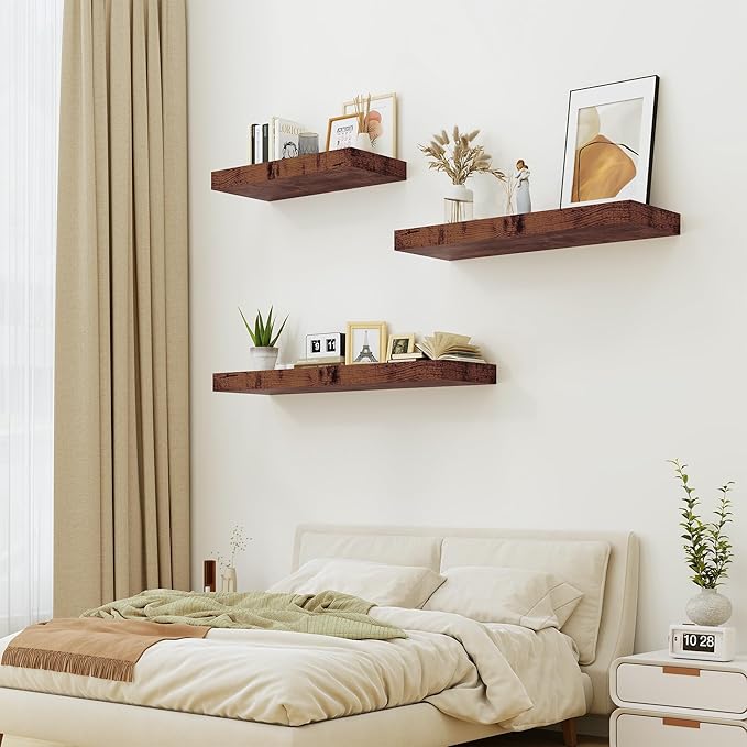 Heimlove Bathroom 12'' Deep Floating Shelves for Wall - Shelf Over Toilet Wall Mounted Farmhouse 24 inches,Wood Floating Shelves Decor & Storage Set of 1,Rustic Brown