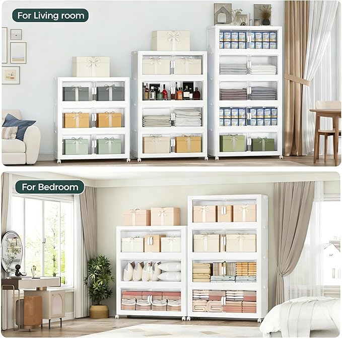 360QT Extra Large Stackable Storage Bins with Lid, 90Gal Collapsible Storage Box with Wheels and Doors, Plastic Closet Organizers and Storage Cabinet for Home Kitchen Office Dorm, 3Pack White