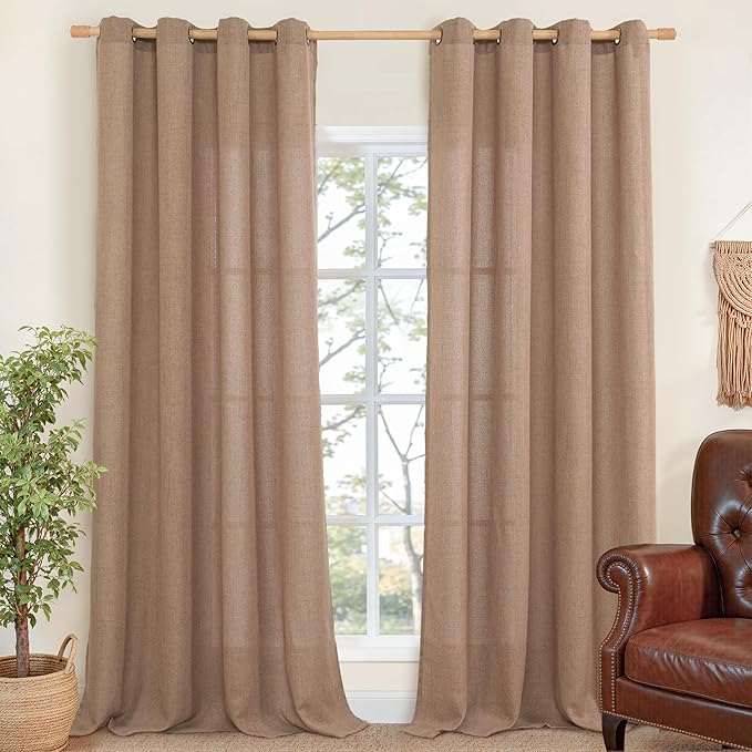YoungsTex Extra Long Linen Curtains 102 Inch Length for Living Room, Light Filtering Drapes with Grommet Semi Sheer Floor Length for Dining Bedroom Window, Mocha Brown, 2 Panels, 52 X 102 Inch