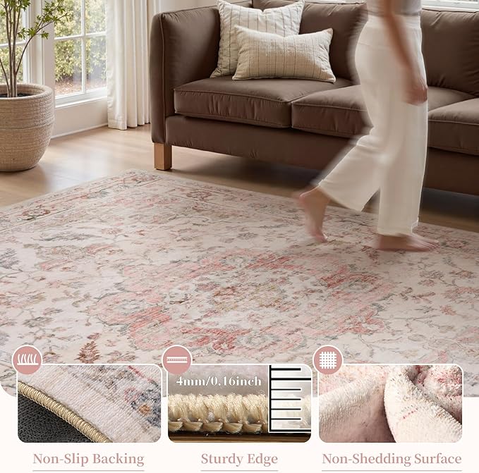 PADOOR 9X12 Area Rug,Rugs for Living Room,Soft Pink Rugs for Bedroom,Machine Washable Rug Non Slip Carpet for Dining Room Living Room Bedside Office