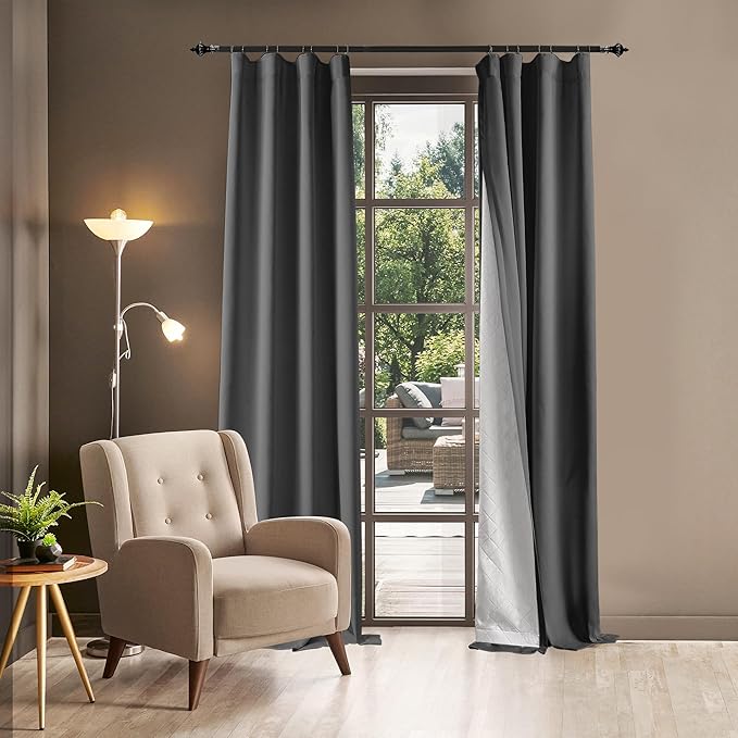 3-in-1 100% Blackout Curtains 90 Inches Long, Thermal Insulation, Soundproof Back Tab Drapes for Bedroom Living Room Sliding Glass Door, with Pin Hooks, Grey 50x90Inch 1 Panel