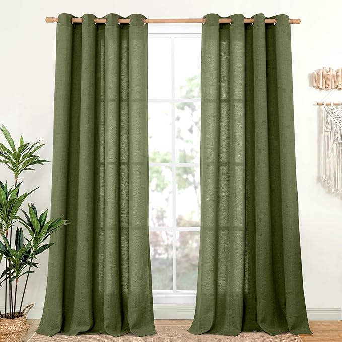 YoungsTex Olive Green Linen Curtains for Living Room, Extra Long Semi Sheer Drapes Light Filtering with Bronze Grommet for Bedroom Country, 2 Panels, 52 X 102 Inch
