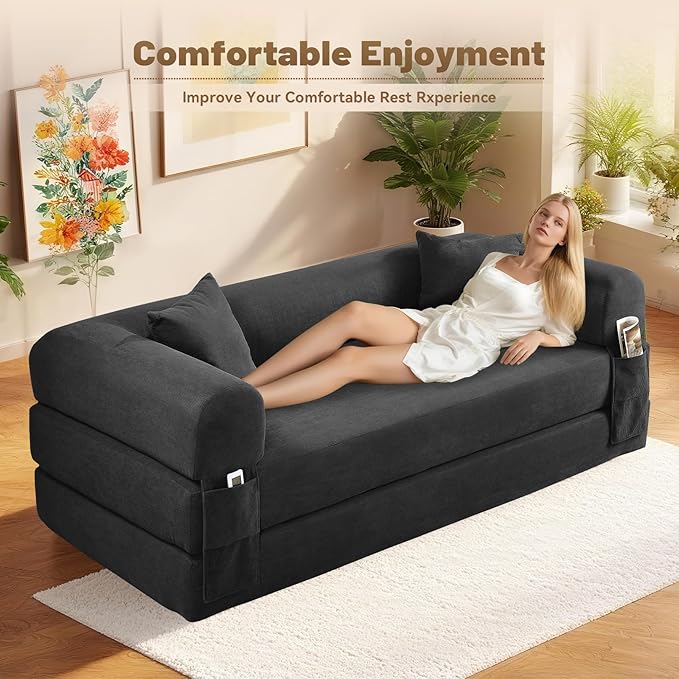 Convertible Sofa Bed,80" Folding Sleeper Sofa Bed Queen with Pillows & Storage,Corduroy Pull Out Couch Boneless Couches for Living Room,Compressed Couch in a Box,Deep Gray