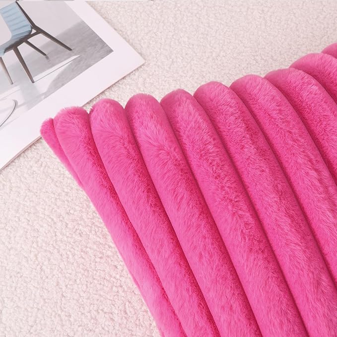 Pallene Faux Fur Plush Throw Pillow Covers 22x22 Set of 2, Luxury Soft Fluffy Striped Decorative Pillow Covers for Sofa, Couch, Living Room, Hot Pink