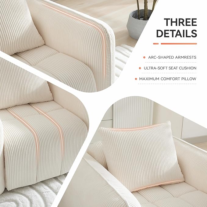 83'' Boneless Corduroy Sofa, Oversized 3 Seater Deep Seat Couch with Rounded Armrest, Modern Upholstered Cloud Sofa for Living Room, No Assembly, White