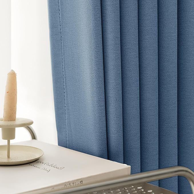 100% Blackout Curtains 102 inch Length 2 Panels for Living Room, Linen-Look Textured Room Darkening Thermal Insulated Soundproof Farmhouse Drapes for Bedroom (W52xL102, Blue)