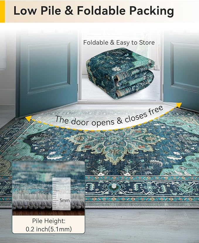 Area Rugs 2'x10' Washable Non-Slip, Floral Vintage Distress Print Pattern Medallion Carpet for Living Room Bedroom Dining Room, Teal Green Lake Blue Turquoise