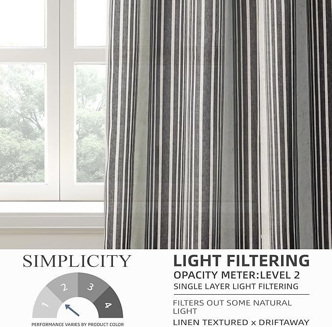DriftAway Farmhouse Vertical Striped Linen Blend Textured Light Filtering Semi Sheer Curtains for Living Room Bedroom 84 Inches Long Drapes 2 Panels Broad Striped Black