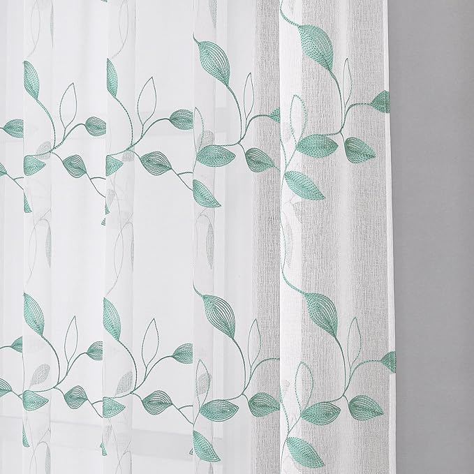 Tollpiz Teal Blue Leaf Sheer Curtain Leaves Embroidered Living Room Curtains Rod Pocket Voile Window Treatment for Bedroom, 54 x 72 inches Long, Set of 2 Panels
