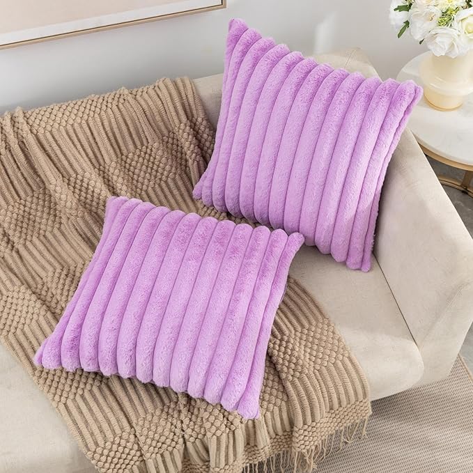 ZLINA Set of 2 Light Purple Faux Fur Decorative Throw Pillow Covers Fluffy Striped Pillowcase Cushion Covers 18 x 18 Inch Decor Sofa Couch Bedroom