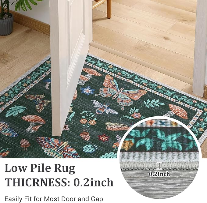 Washable Rug 5x7 Area Rugs for Living Room, Mushroom Insect Rug for Bedroom, 5x7 Rug Non Slip Throw Rugs with Rubber Back, Low Pile Stain Resistant Modern Carpet for Dining Room Dorm,Black