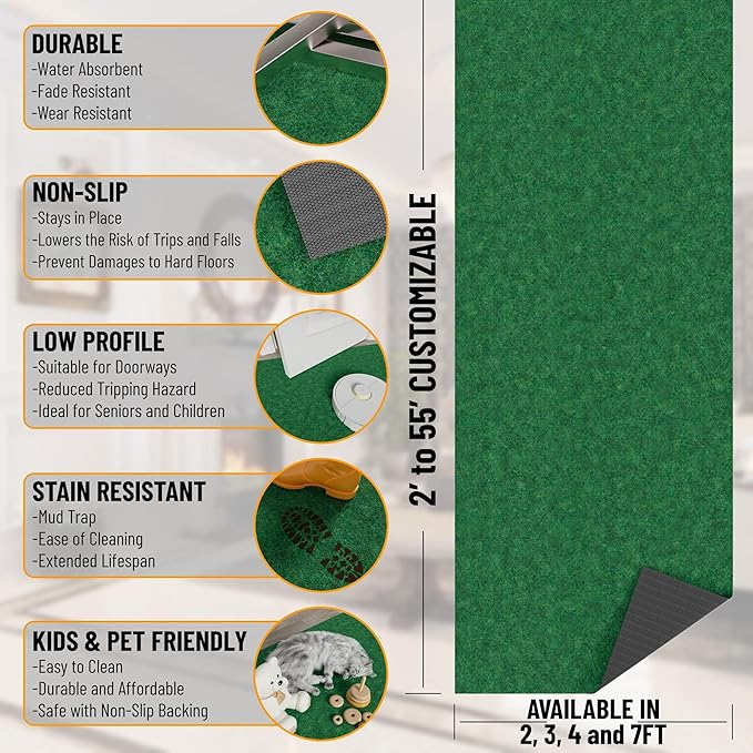 Ottomanson 2'7" x 16' Hallway Runner with Scraper Pile - Extra Durable Non-Slip Rug Mat for Indoor & Outdoor Use - Ideal for Kitchen, Entryway & Garage - High-Traffic Carpet, Green