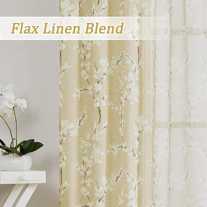 FMFUNCTEX Linen Sheer Curtains for Living Room, Cream Blossom Floral Print Curtains 96 Inches Long for Bedroom, Light Filtering Linen Blend Butter Yellow Floral Window Curtain 2 Panels Rod Pocket
