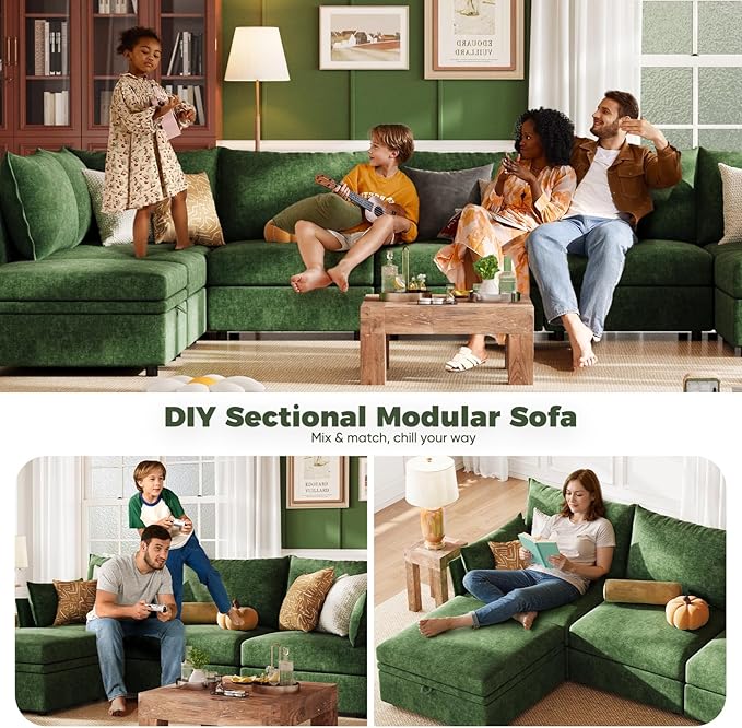 ABCASA Oversized Loveseat Sofa, Modern Modular Sectional Couch Green Fluffy Chenille Mid Century 2-Seat 24.5" Deep Seat for Apartment, Living Room, Bedroom