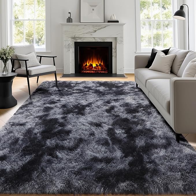 PAGISOFE Abstract Shaggy Area Rug 4' x 6' Plush Furry Rugs for Living Room, Tie-Dyed Dark Grey Soft Fluffy Rugs for Bedroom Grils Boys, Fuzzy Rug for Nursery, Dorm. Shag Carpet for Kids Room Decor