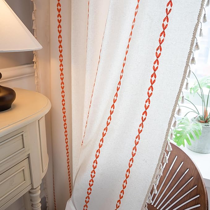 Sutuo Home Boho Curtains 72 inches for Bedroom Living Room, Semi Blackout Embroidery Window Bohemian Tassels Drape for Halloween Festival Decor, Rod Pocket 1 Panel 52" W x 72" L, White and Orange
