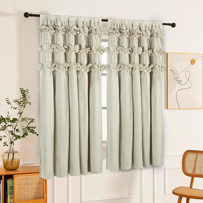 Camel Blackout Curtains with Handmade Ruffles, Butterfly Flower Embellishments for Thermal Insulated Room Darkening Drapes, 42" W x 63" L (Pair) for Bedroom, Living Room (LQ-37)