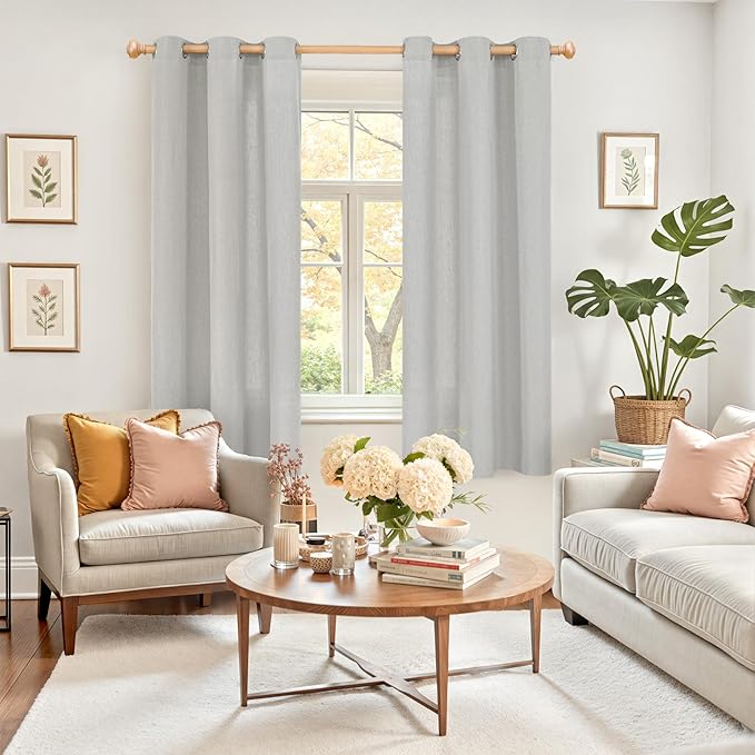 YoungsTex Grey Linen Semi Sheer Curtains 63 Inches Length for Living Room, Light Filtering Window Drapes with Grommet No See Through Privacy for Bedroom, 2 Panels, 42 X 63 Inch