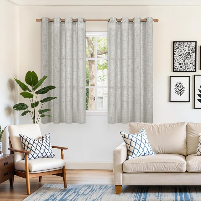 YoungsTex Light Grey Linen Curtains 45 Inches Long for Short Window, Textured Semi Sheer Drapes with Bronze Grommet Light Filtering for Kitchen Cafe Bathroom, 2 Panels, 52 X 45 Inch