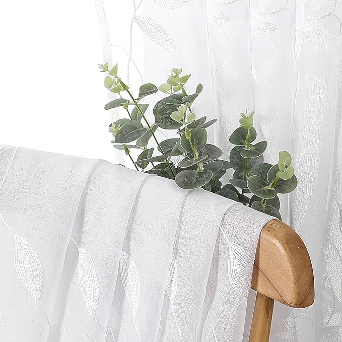 Tollpiz White Leaf Sheer Curtain Leaves Embroidered Bedroom Curtains Rod Pocket Voile Window Treatments for Living Room, 38 x 63 inches Long, Set of 2 Panels