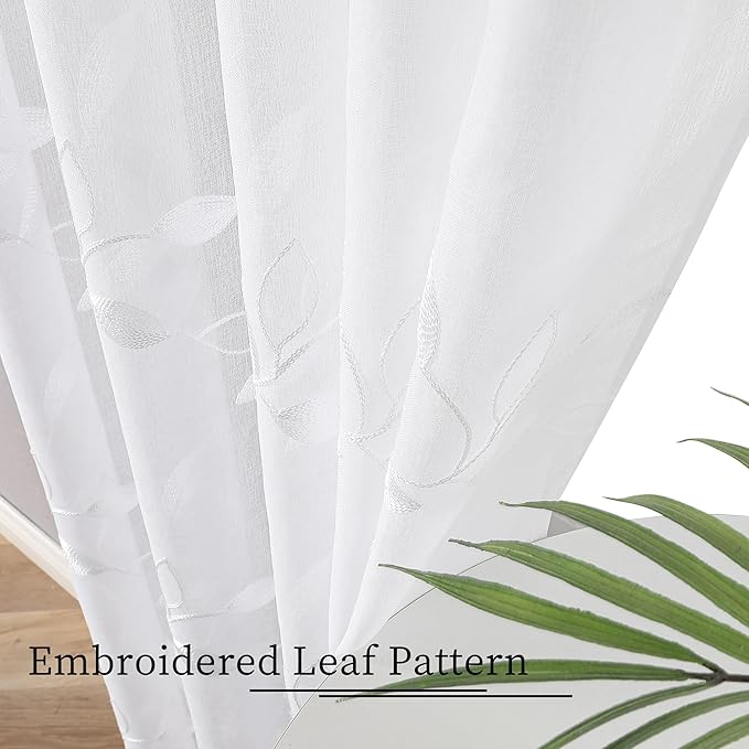Tollpiz White Leaf Sheer Curtain Leaves Embroidered Bedroom Curtains Rod Pocket Voile Window Treatments for Living Room, 38 x 63 inches Long, Set of 2 Panels