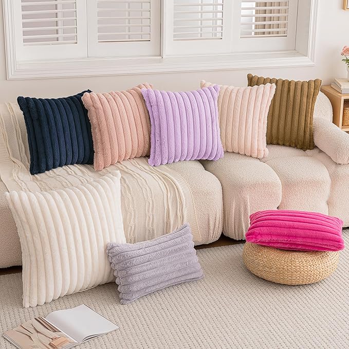 Double-Sided Faux Fur Plush Throw Pillow Covers 16x16 Set of 2 Fuzzy Striped Soft Cozy Pillowcase Luxury Decorative Pillows Square Fluffy Cushion Cover for Couch Bed Living Room,Camel