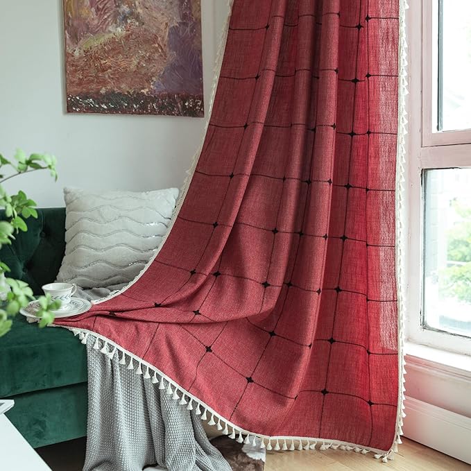 Sutuo Home Boho Curtain for Bedroom 84 Inch Length, Linen Light Filtering Country Farmhouse Vintage Chic Tassels Window Treatment Bohemian Drape for Xmas Decor 1 Panel 52" W x 84" L, Red Plaids