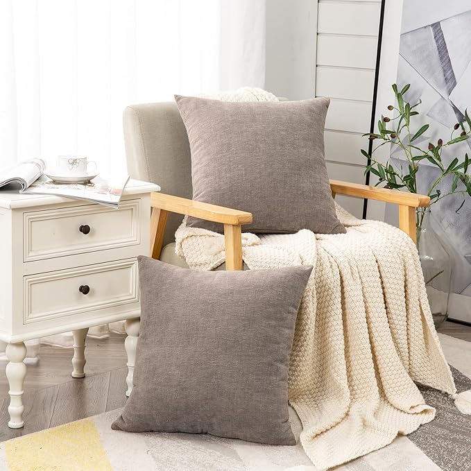 GAWAMAY Decorative Chenille Throw Pillow Covers 26x26 Inch Pack of 2, Soft Square Couch Pillow Cover for Sofa Cushion Living Room Bedroom Oversized Pillowcases Taupe Grey 66x66cm (ONLY Covers)