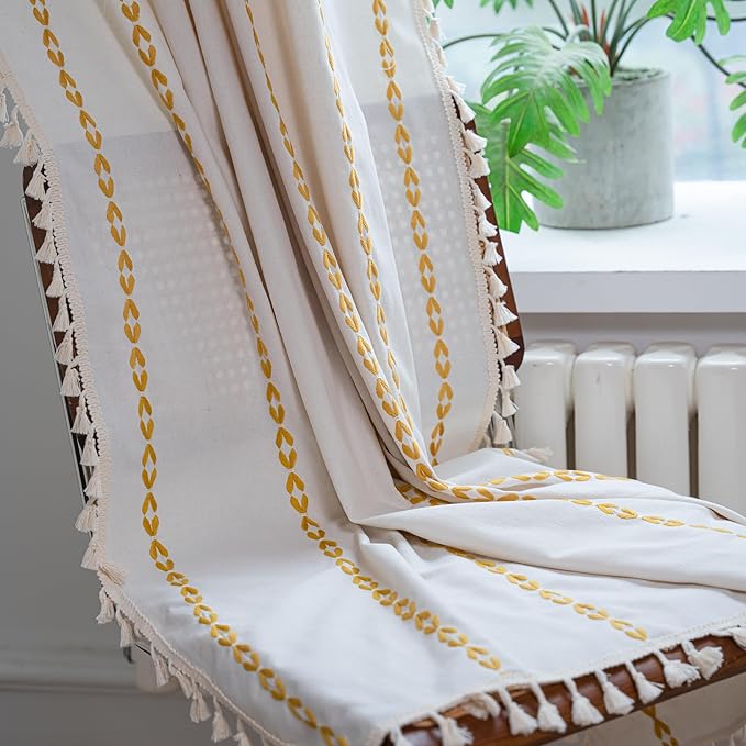 Sutuo Home Boho Curtains for Bedroom Living Room 108 inches Long,Semi Blackout Farmhouse Tassels Vintage Bohemian Embroidery Drape, Rod Pocket 1 Panel 52" W x 108" L, White and Gold