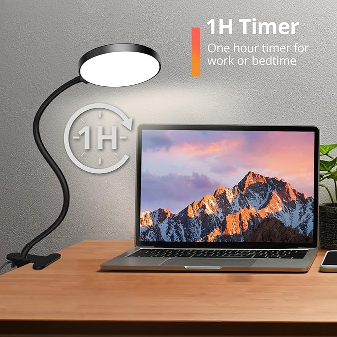 Reading Light with Remote, LED Desk Lamp Clip on [1H Timer & Nightlight] RA>95 Dimmable Flexible Gooseneck, Reading Lamp with Clamp for Table - 4.7'' (Adapter Included)