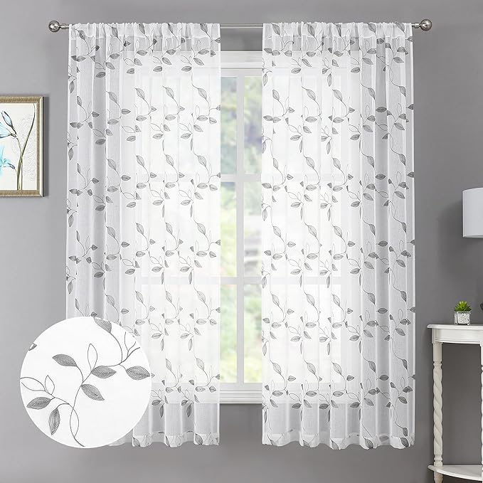 Tollpiz Grey Leaf Sheer Curtain Leaves Embroidered Bedroom Short Curtains Rod Pocket Voile Window Treatments for Living Room, 38 x 45 inches Long, Set of 2 Panels