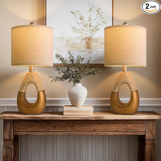OYEARS 19" Table Lamps Set of 2, Boho Lamps for Living Room, Rustic Bedside Lamps for Bedroom, Farmhouse Rattan Table Lamp, Small Space Nightstand Lamp for Home Office (Bulb Not Included, Gold)