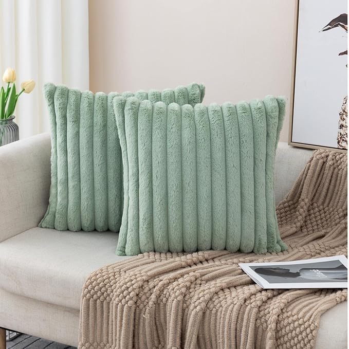 ZLINA Set of 2 Light Green Faux Fur Decorative Throw Pillow Covers Fluffy Striped Pillowcase Cushion Covers 16 x 16 Inch Decor Sofa Couch Bedroom