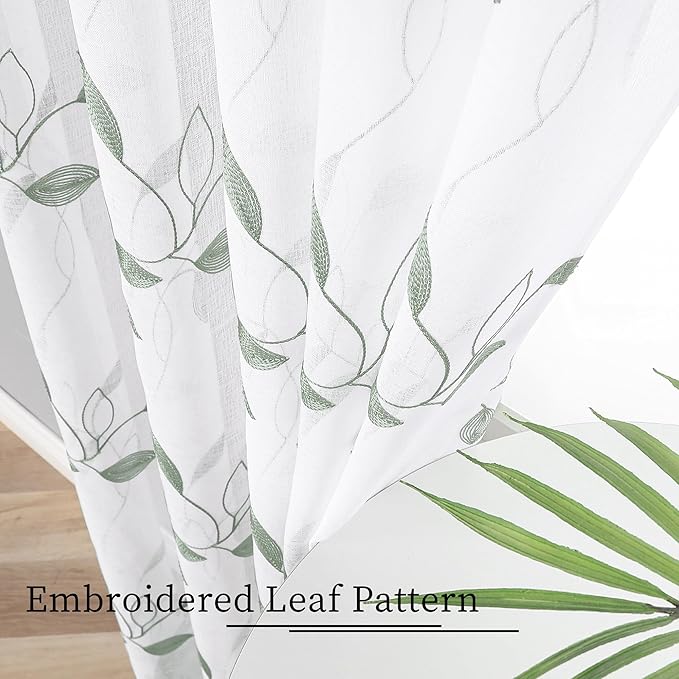 Tollpiz Sage Green Leaf Sheer Curtains Leaves Embroidered Living Room Short Curtain Rod Pocket Voile Window Treatments for Bedroom, 54 x 45 inches Long, Set of 2 Panels