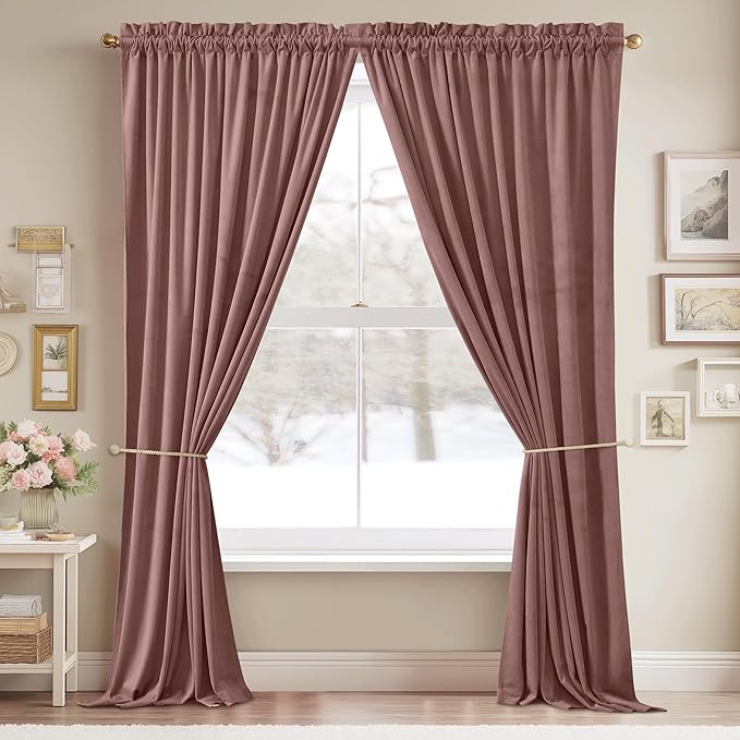 StangH Mauve Rose Velvet Curtains for Bedroom, Nursery Girls Home Decor Room Darkening Thermal Insulated Window Door Panels for All Seasons Living Room, W52 x L90, 2 Panels