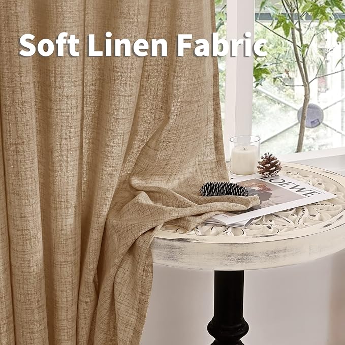 YoungsTex Burlap Linen Curtains 84 Inch Length for Living Room, Textured Tan Semi Sheer Drapes with Bronze Grommet Light Filtering for Farmhouse Bedroom, Toffee, 2 Panels, 52 X 84 Inch