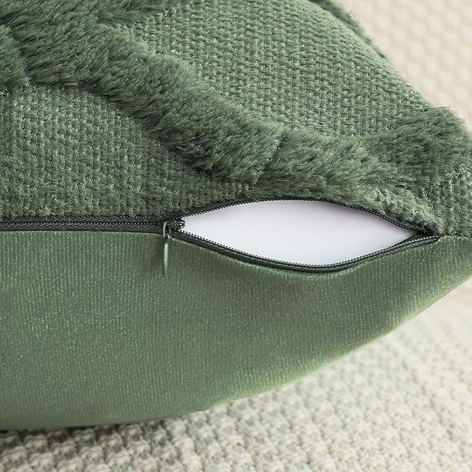 decorUhome Spring Throw Pillow Covers 12x20 Inch Set of 2, Soft Plush Faux Fur Wool Lumbar Olive Green Couch Pillow Covers, Decorative Neutral Pillow Cases for Bed Sofa Living Room Home Decor