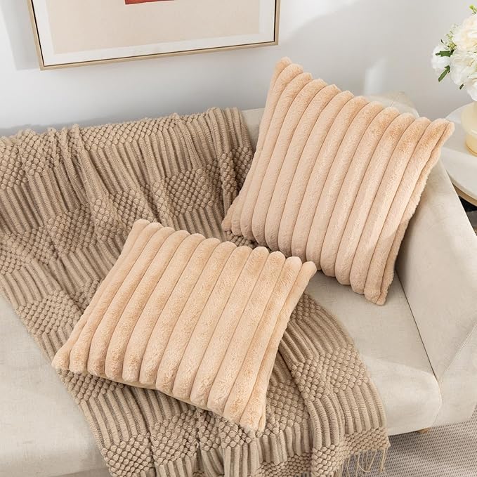 ZLINA Set of 2 Apricot Faux Fur Decorative Throw Pillow Covers Fluffy Striped Pillowcase Cushion Covers 18 x 18 Inch Decor Sofa Couch Bedroom