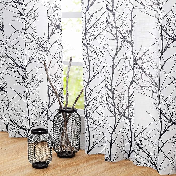 FMFUNCTEX Linen Semi Sheer Curtains for Bedroom, Black White Curtains 45 Inches Long for Living Room, Grey Tree Branch Patterned Curtain Light Filtering Kitchen Window Drapes, Grommet Top 2 Panels