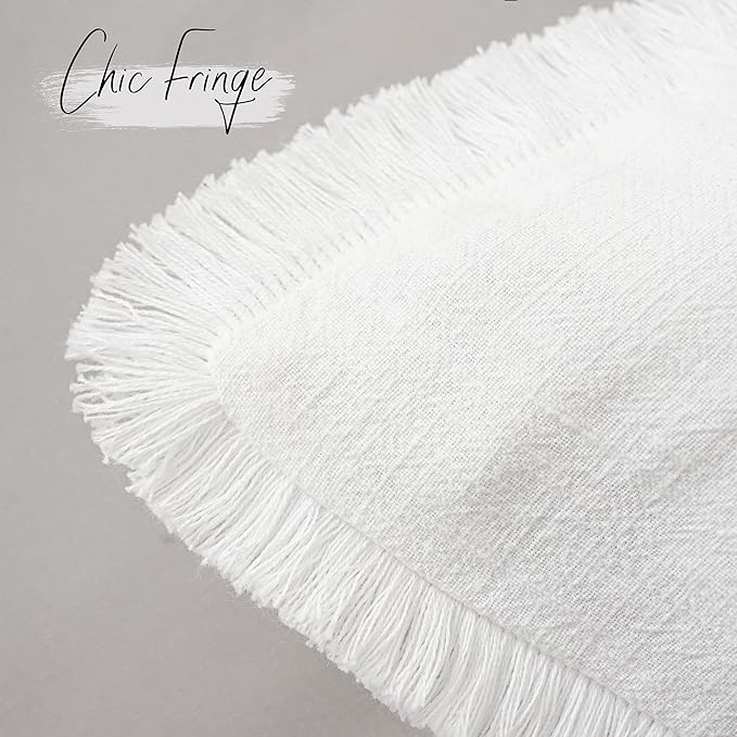 Foindtower Set of 2 Decorative Linen Fringe Throw Pillow Covers Cozy Boho Farmhouse Cushion Cover with Tassels Soft Accent Pillowcase for Couch Sofa Bed Living Room Home Decor,22×22 Inch,White