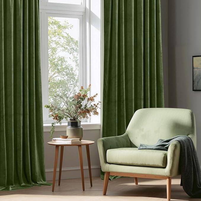 StangH Moss Green Curtains 92 inches Soft Velvet Christmas Decor Thermal Insulated Privacy Drapes for Bedroom, Noise Reducing Curtains for Office, W52 x L92, 2 Panels