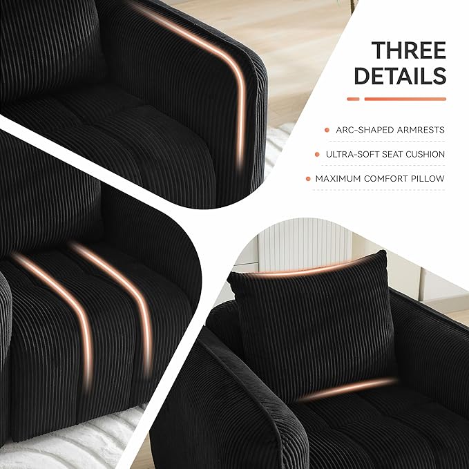 Boneless Living Room Sets, Modern Upholstered Loveseat with 2 Signle Sofa Chairs, Comfy Deep Seat Cloud Sofa Couch Sets for Living Room, Corduroy Black