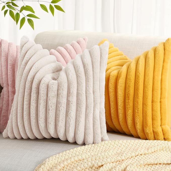 decorUhome Faux Fur Spring Throw Pillow Covers 16x16 Set of 2, Decorative Soft Plush Striped Neutral Couch Pillow Covers with Velvet Back for Sofa, Bed, Living Room Home, Beige