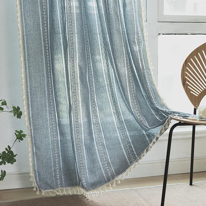 Sutuo Home Boho Curtains Striped Embroidery for Bedroom Living Room Patio, Semi-Blackout Linen French Country Vintage Chic Tassels Hollow Window Treatment Bohemian Drape, 1 Panel 52" W x 108" L, Blue
